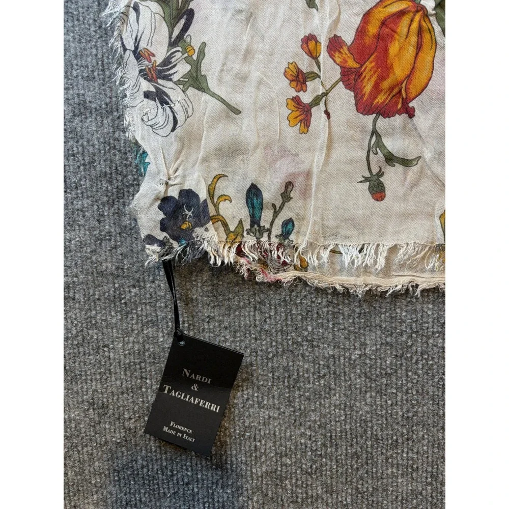 Nardi & Tagliaferri Italy Floral Scarf 100% Micromodal Cream Red Blue Fringe